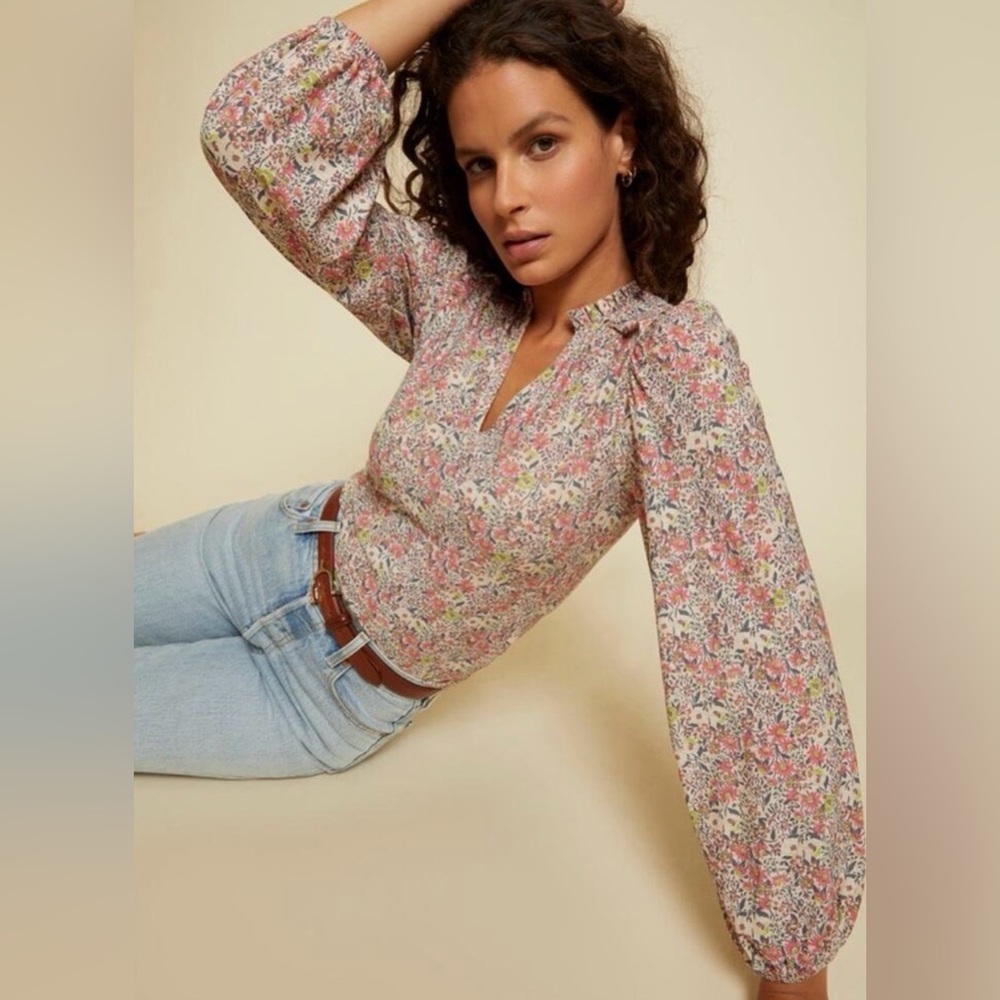 NATION LTD Floral Ruffle Neck Claudine Yoked Long Sleeve size large